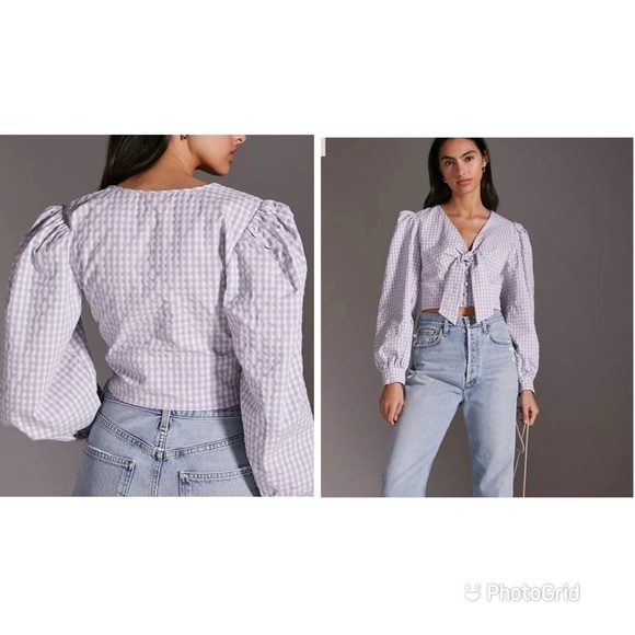Anthropologie Maeve Gingham Plaid Purple White Front Tie Button Up Cropped Sz 10 - Picture 1 of 6
